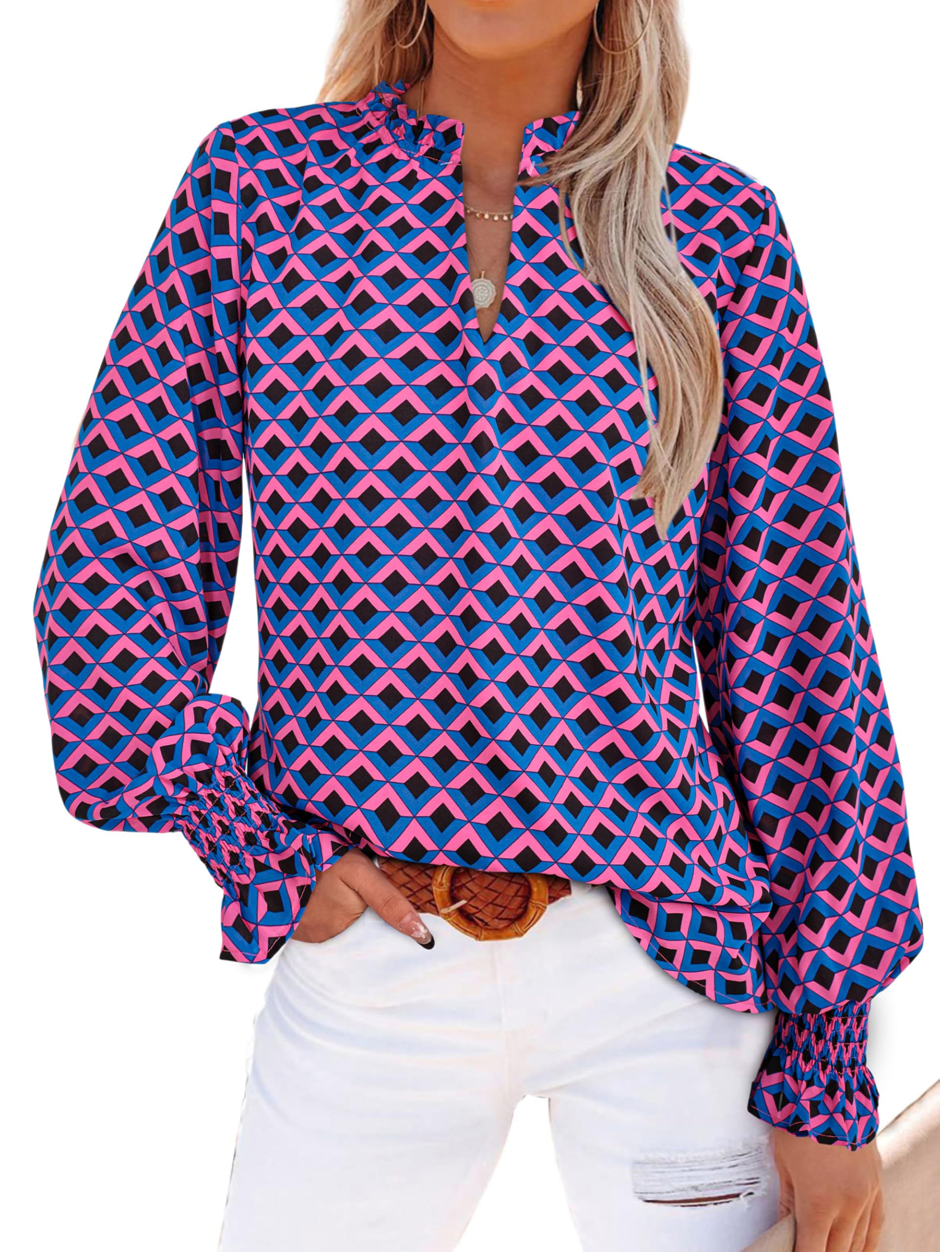 MASCOMODA Womens V Neck Floral Long Sleeve Tops 2025 Summer Casual Loose Puff Sleeve Chiffon Boho Work Blouse Dressy T Shirts